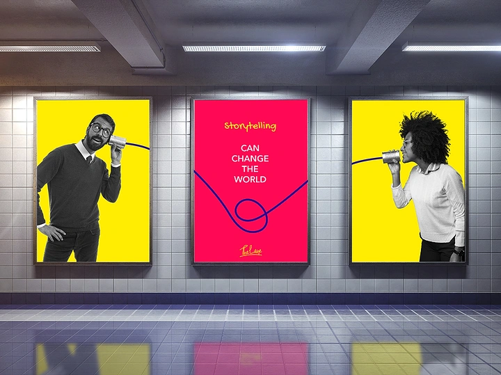 Agency creative ad: Tin-can phone spans posters: storytelling connects