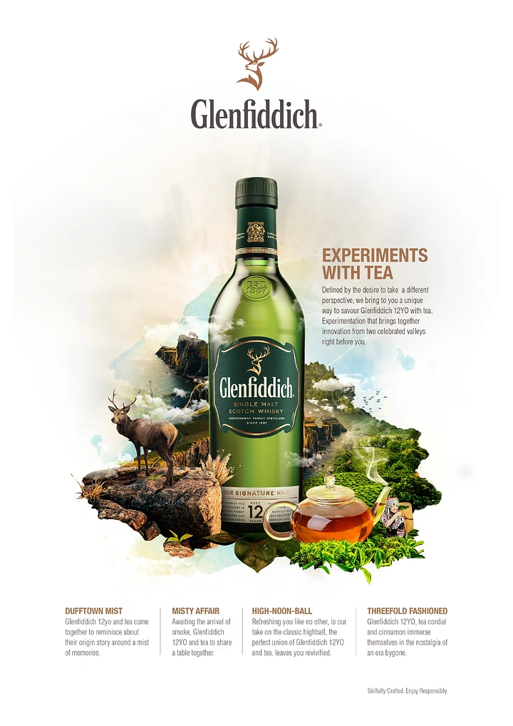 Tea & Chai Brands creative ad: Green whisky bottle rising from a misty landscape diorama with a stag and teapot