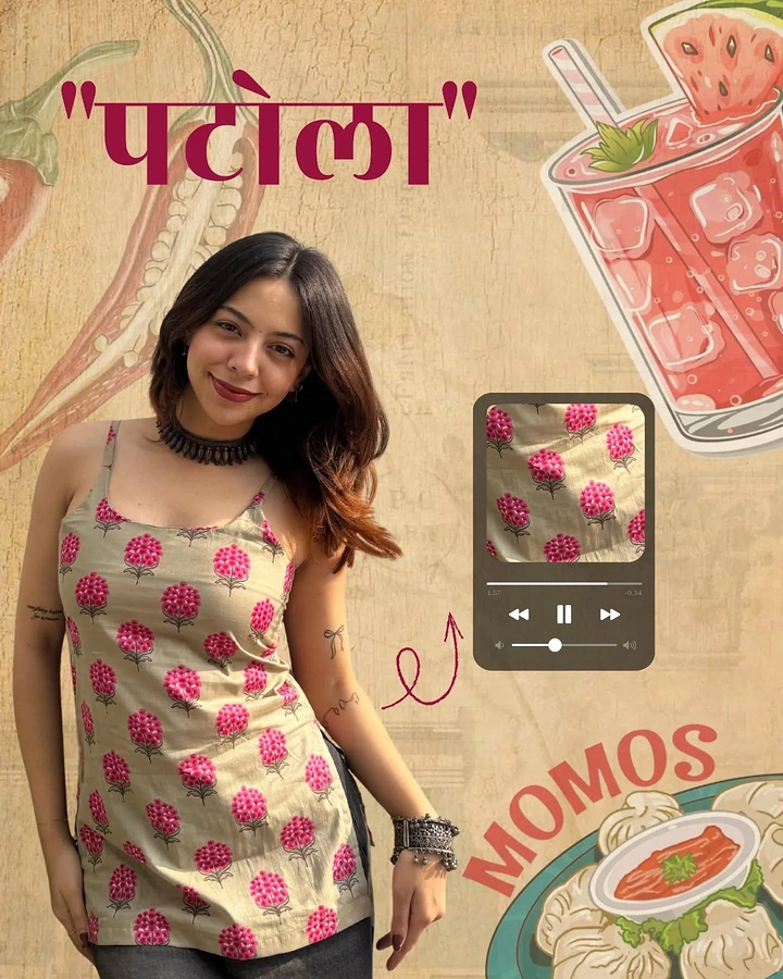 Ethnic Wear & Sarees creative ad: Print named 'Patola' with food-pun doodles