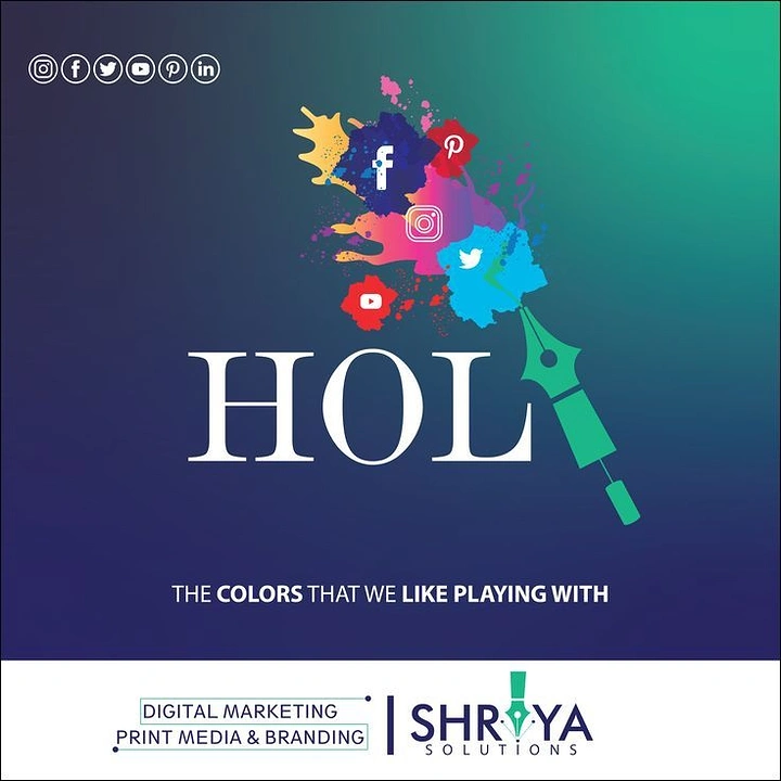 Holi creative ad: Fountain pen forming the letter I, spraying colour splashes that hold social media icons