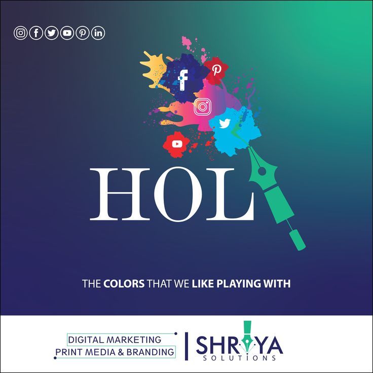 Holi Instagram post: Fountain pen forming the letter I, spraying colour splashes that hold social media icons