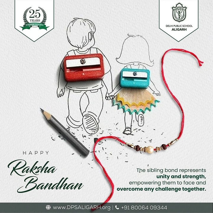 Raksha Bandhan creative ad: Sketched brother and sister holding hands, with real sharpeners as backpacks and a rakhi