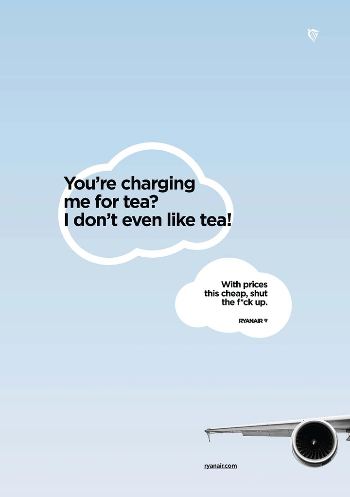 Creative ad: Two cloud-shaped speech bubbles in the sky with an aircraft wing cropped at the corner