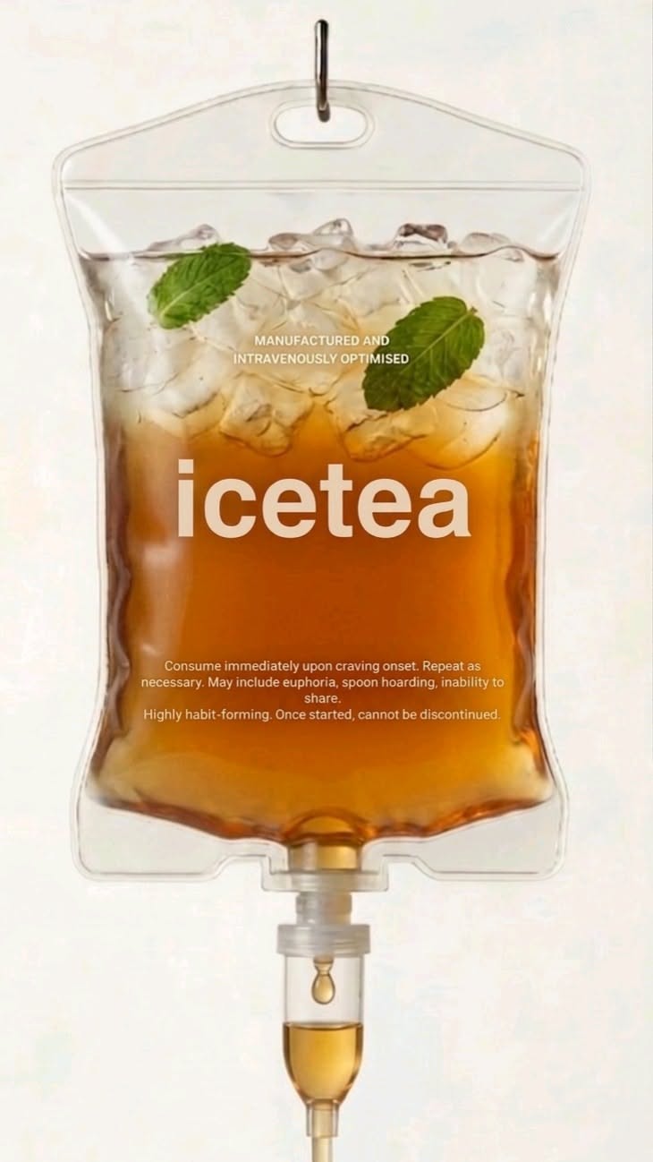 Story: Iced tea with ice and mint inside a hanging IV drip bag