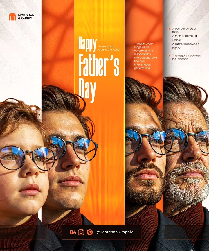 Father's Day creative ad: Four-stage portraits of a male from boy to old man wearing glasses