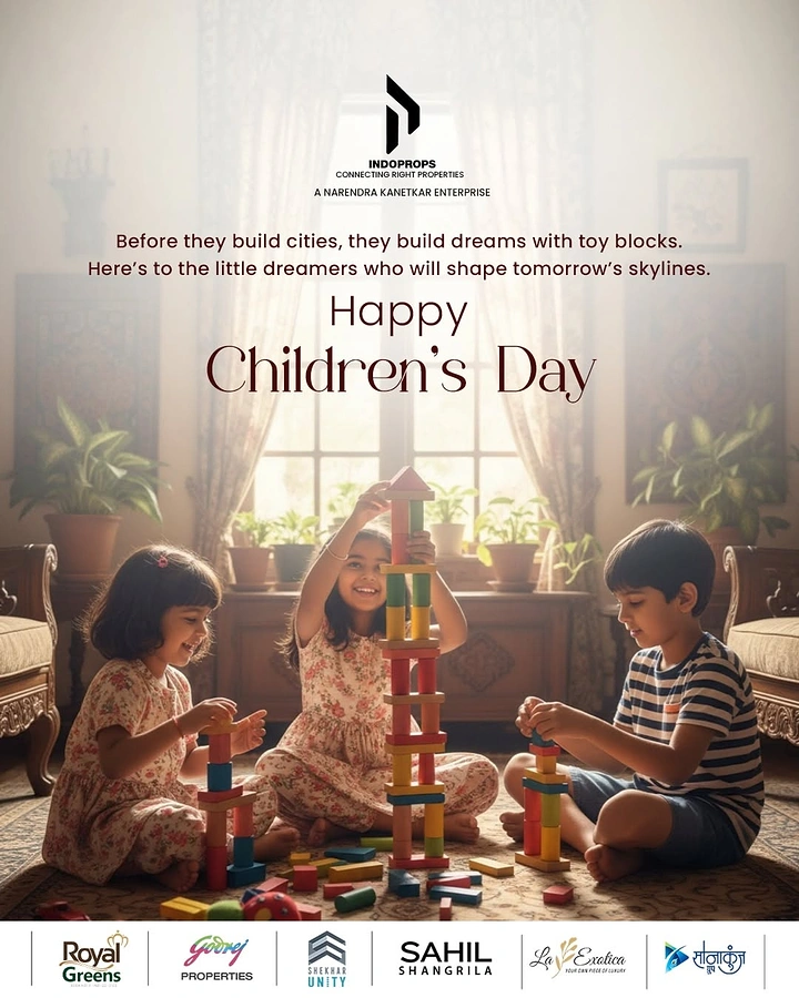 Children's Day creative ad: Three children building tall toy block towers on a rug