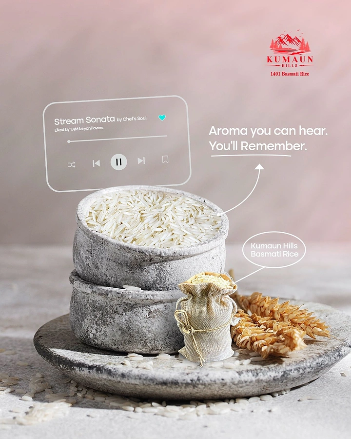 Rice, Atta & Flour Brands creative ad: Stacked stone bowls of raw basmati with a floating music-player card