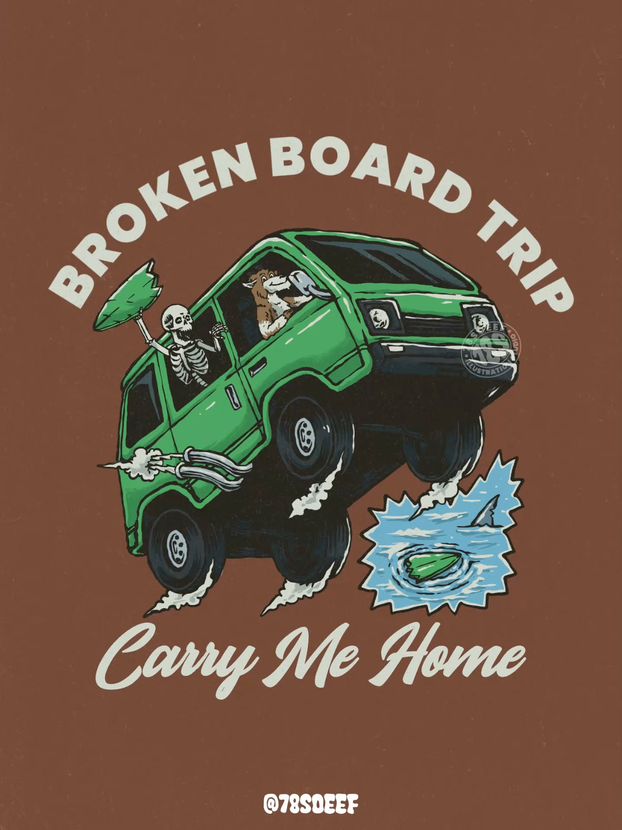 Instagram post: Playful broken-trip towing illustration and copy