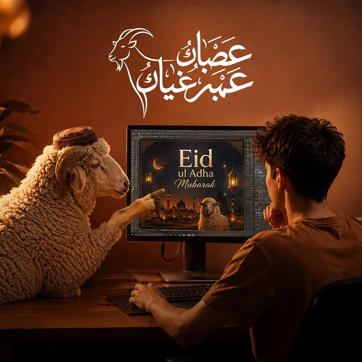 Eid creative ad: Sheep in a prayer cap pointing at a designer's screen showing an Eid post