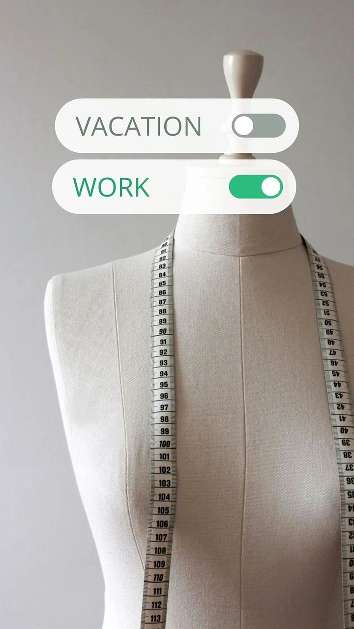 Tailors & Alterations creative ad: Vacation/work toggles on dress form