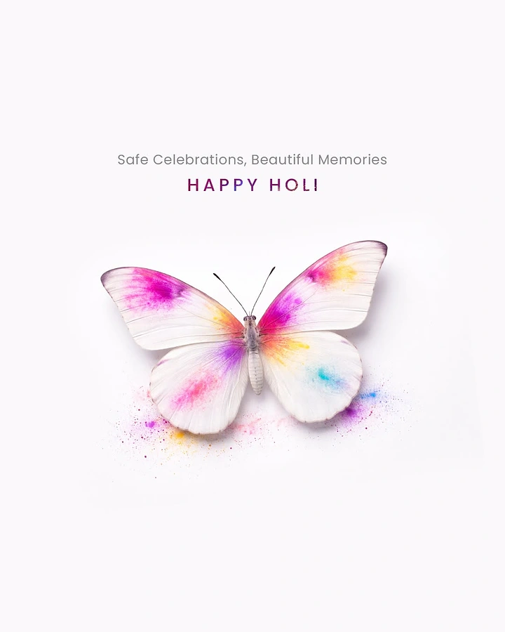Holi creative ad: White butterfly dusted with Holi colour powder