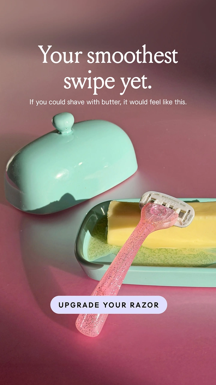 Men's Grooming Brands creative ad: Pink glitter razor resting on butter in a mint butter dish