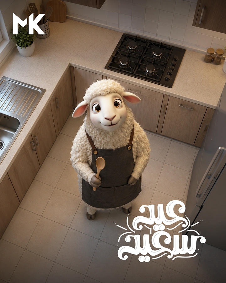 Eid creative ad: Cute 3D sheep in apron holding wooden spoon in a kitchen