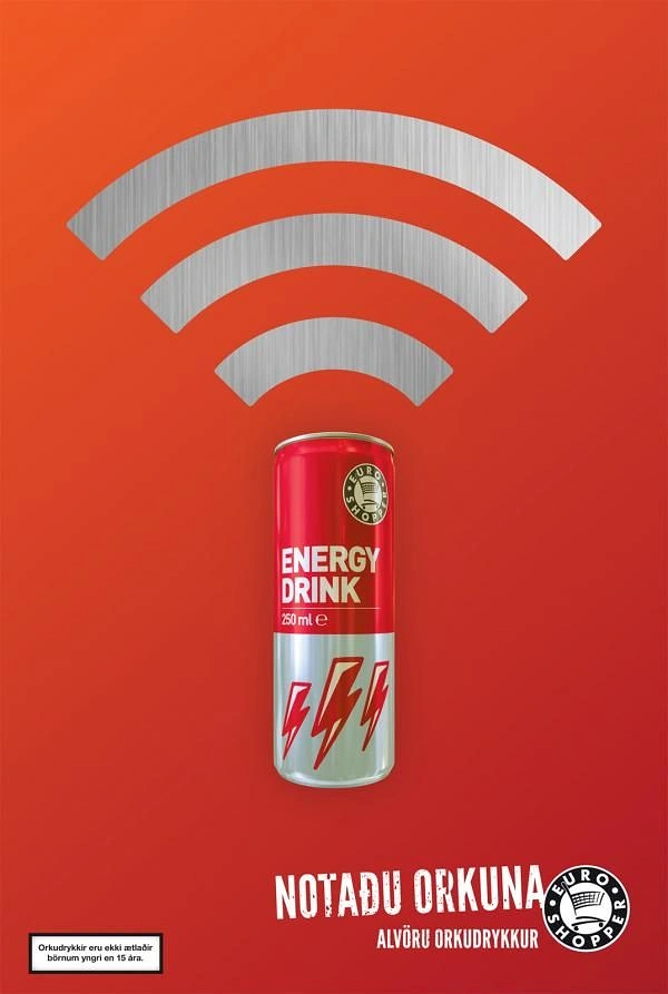 Grocery Stores & Supermarkets creative ad: Energy drink can as the base of a brushed-silver wifi signal icon