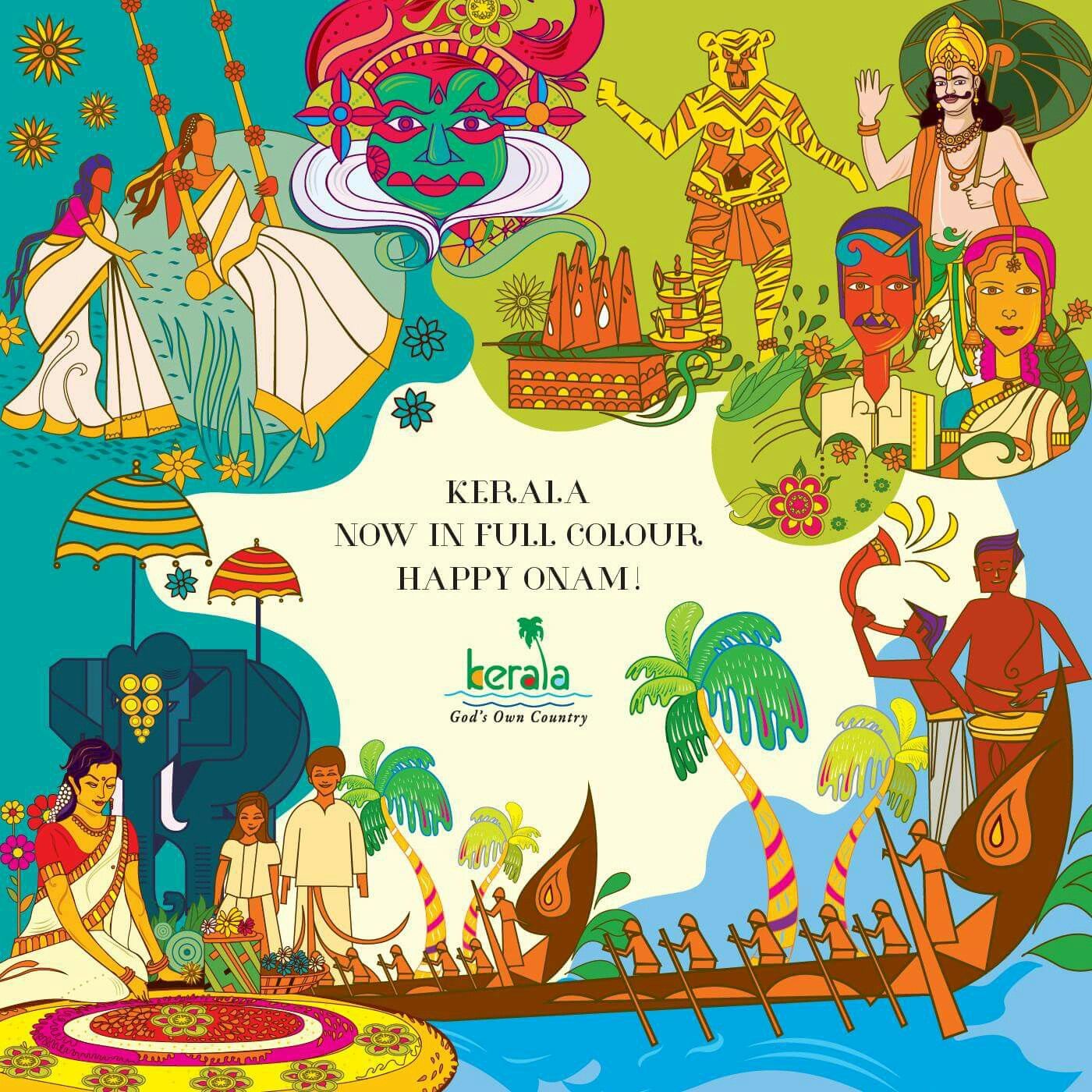 Collage of illustrated Kerala Onam culture scenes