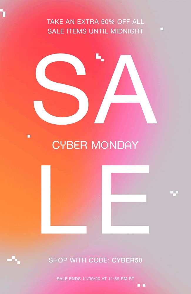 Cyber Monday creative ad: Giant split SALE lettering on warm gradient