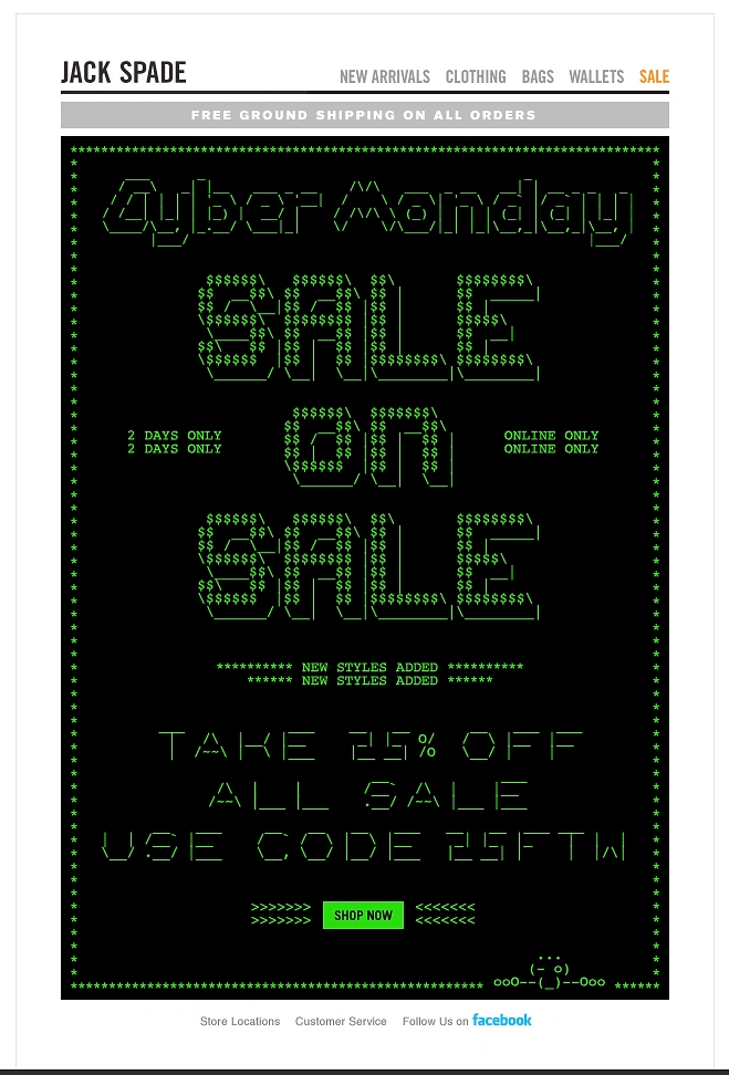 Cyber Monday creative ad: Green ASCII-art terminal screen announcing sale