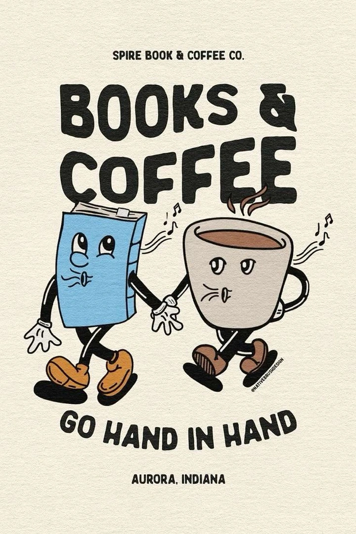 Bookstores creative ad: Book and coffee mascots literally hand-in-hand