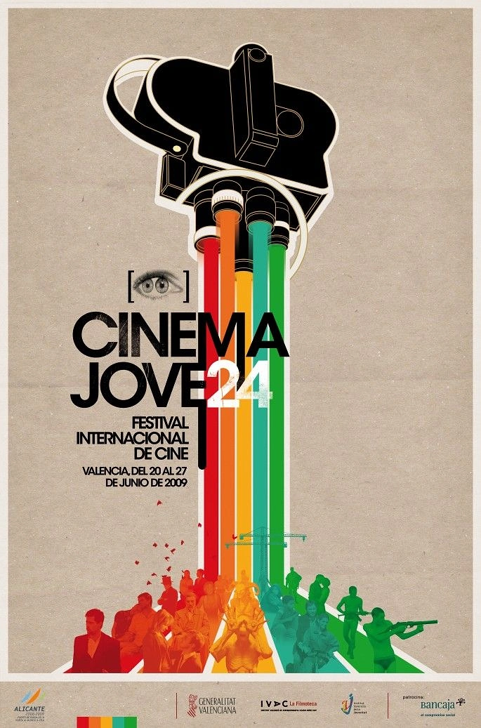Cinemas & Movie Theatres creative ad: Vintage movie camera emitting rainbow stripes onto a crowd of film characters