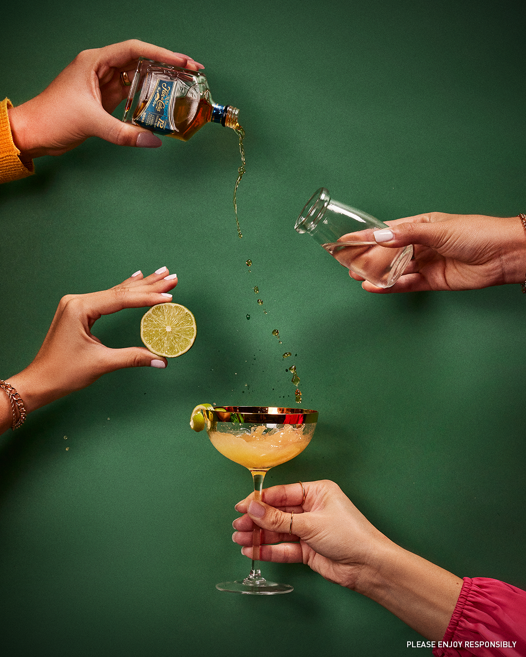Instagram post: Multiple hands create dynamic cocktail ritual