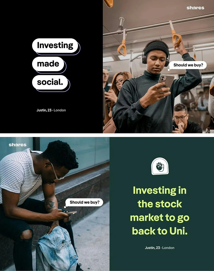 Stock Brokers & Investing creative ad: Young people checking investing app on phones in commute and street scenes