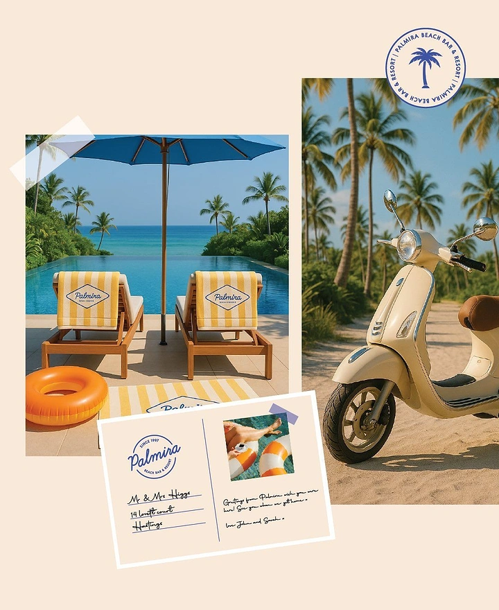 Creative ad: Scrapbook collage of a poolside lounger scene, a cream scooter and a postcard