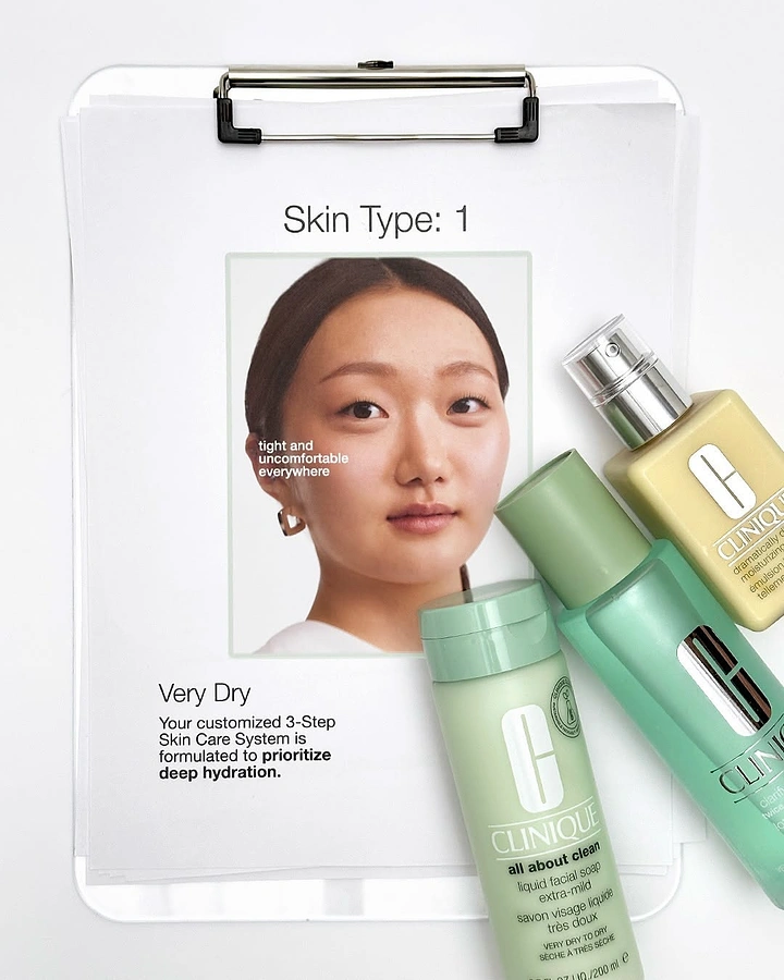 Skin & Cosmetic Clinics creative ad: Clipboard skin-type chart with products