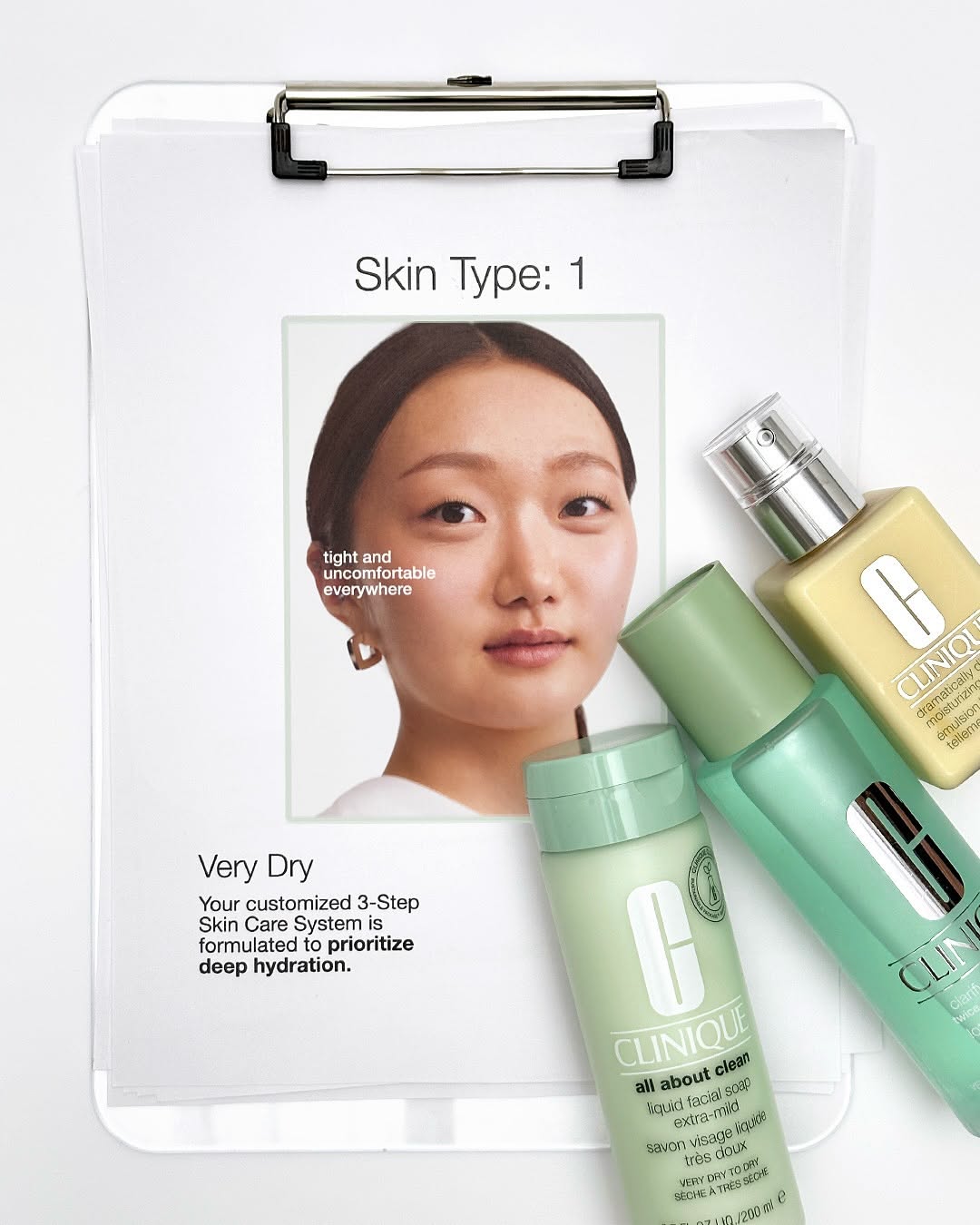 Instagram post: Clipboard skin-type chart with products