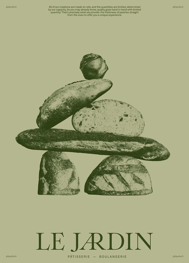 Food & Beverage creative ad: Balanced cairn of stacked bread loaves in green duotone