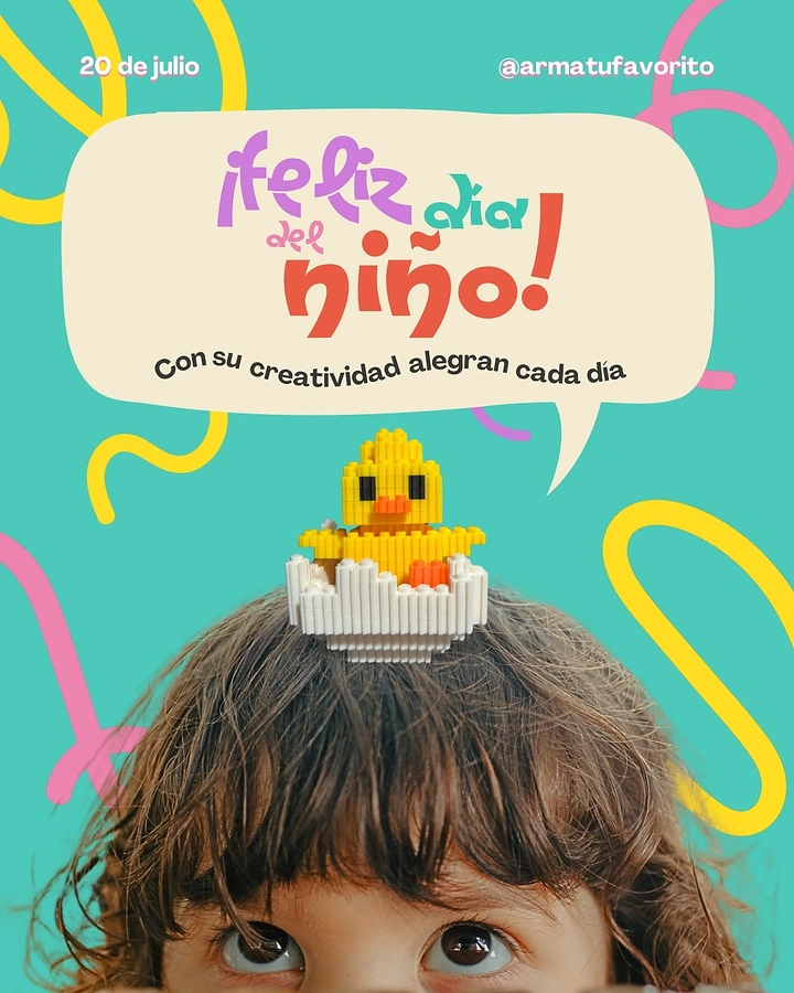 Children's Day creative ad: Building-block chick in an eggshell on a child's head