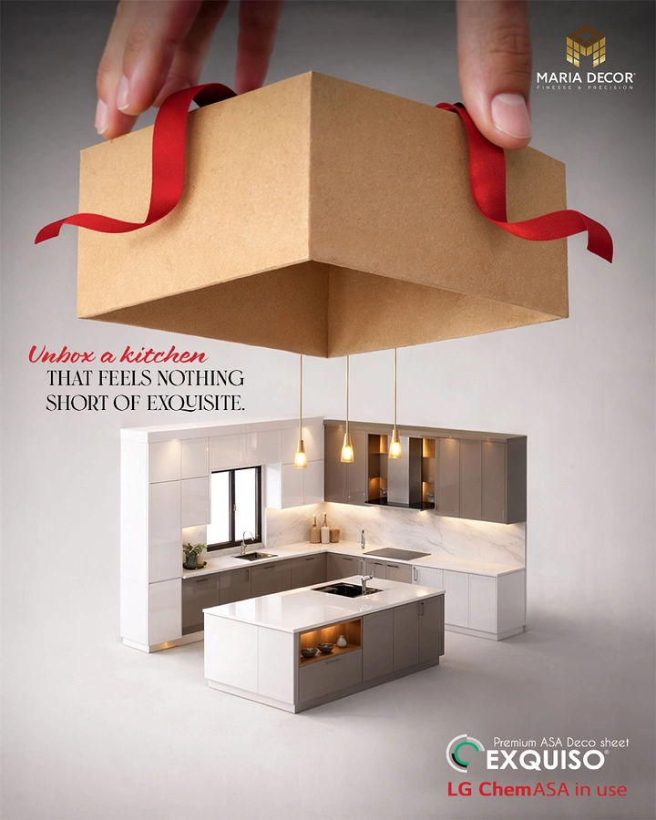 Modular Kitchens creative ad: Hands lifting a kraft gift box to reveal a miniature modular kitchen