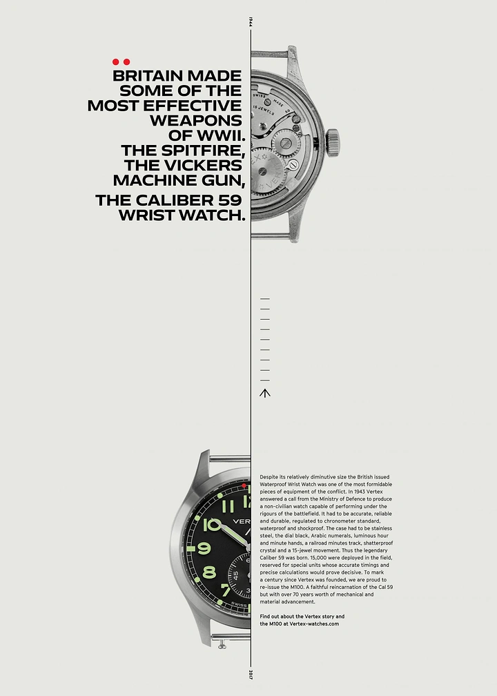 Creative ad: Vintage 1944 watch movement and modern re-issue watch split by a timeline
