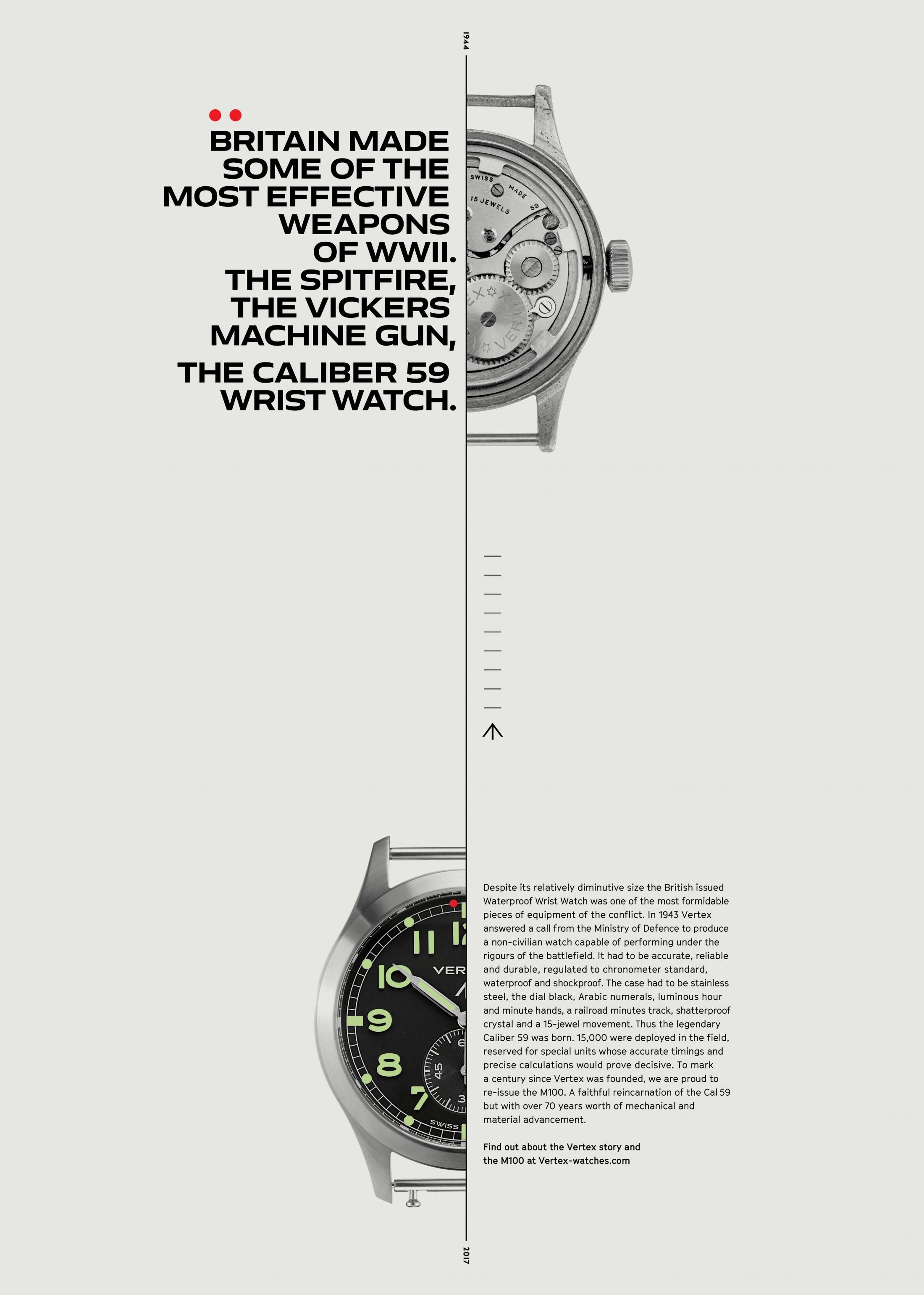 Poster: Vintage 1944 watch movement and modern re-issue watch split by a timeline
