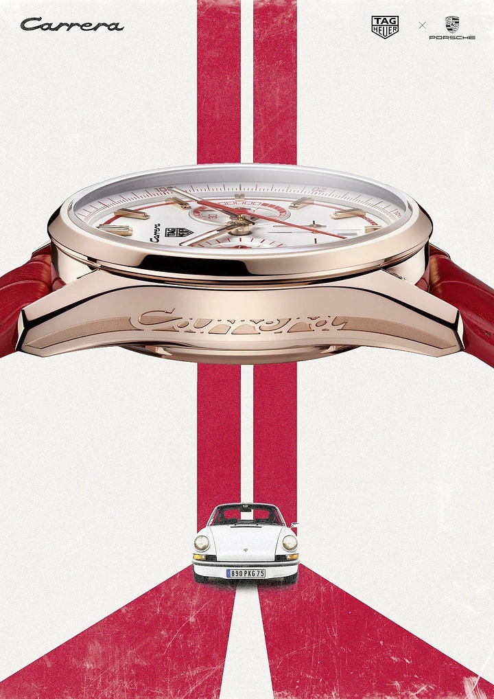 Creative ad: Side profile of a rose gold chronograph over red racing stripes with a white classic sports car
