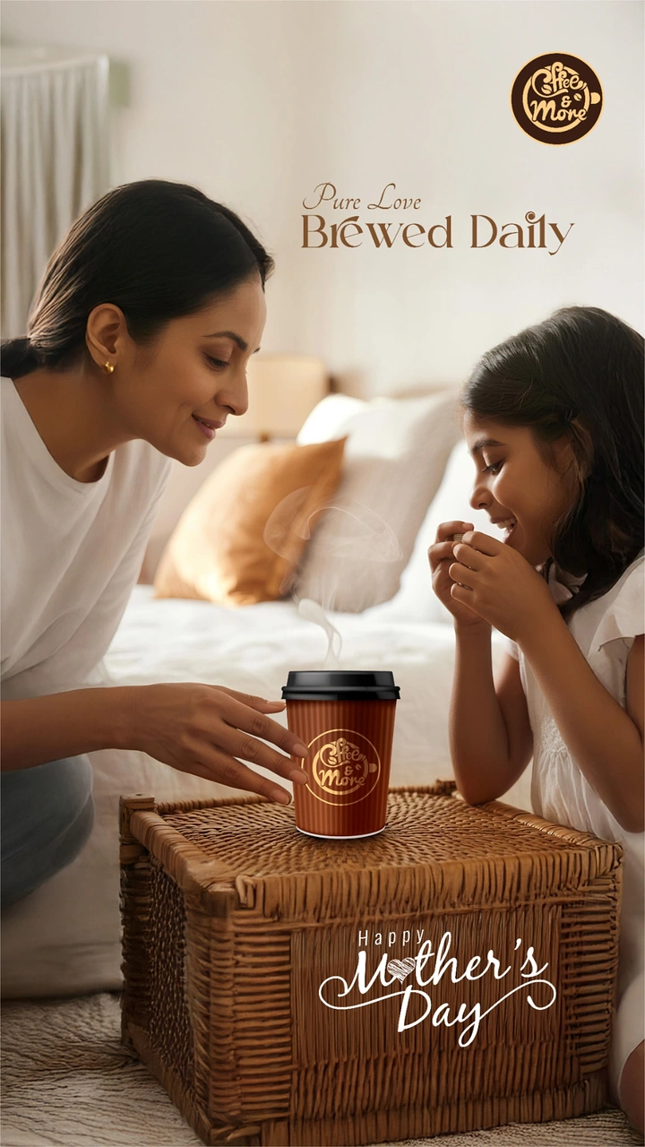 Mother's Day creative ad: Mother and daughter smiling over a branded takeaway coffee cup on a wicker chest