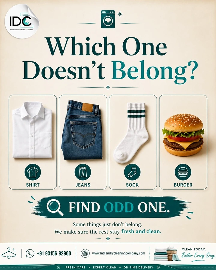 Laundry & Dry Cleaning creative ad: Odd-one-out game: burger among clothes