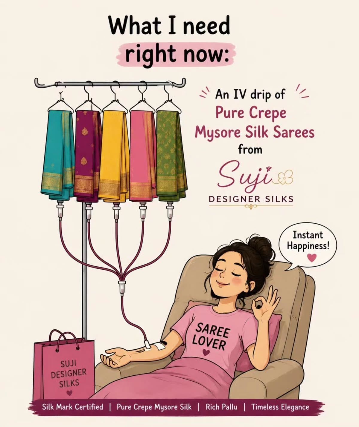 Instagram post: Sarees as IV drip, witty illustration