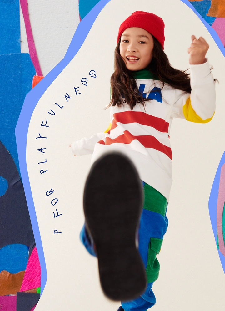 Kids Clothing creative ad: Shoe kicks toward viewer, playful cutout