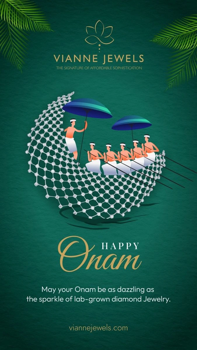 Onam creative ad: Diamond necklace shaped as a snake boat with illustrated rowers