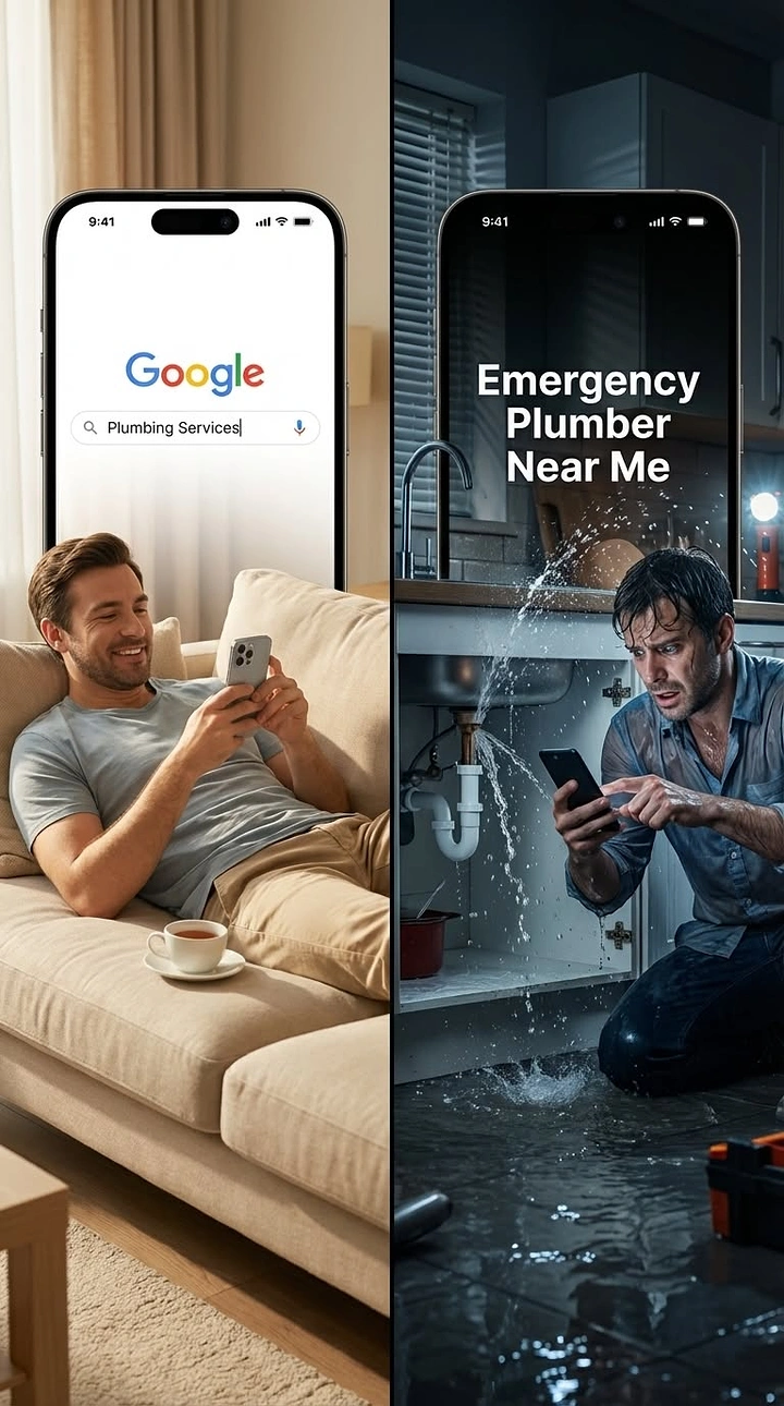 Plumbers creative ad: Split phones: calm search versus flooded emergency