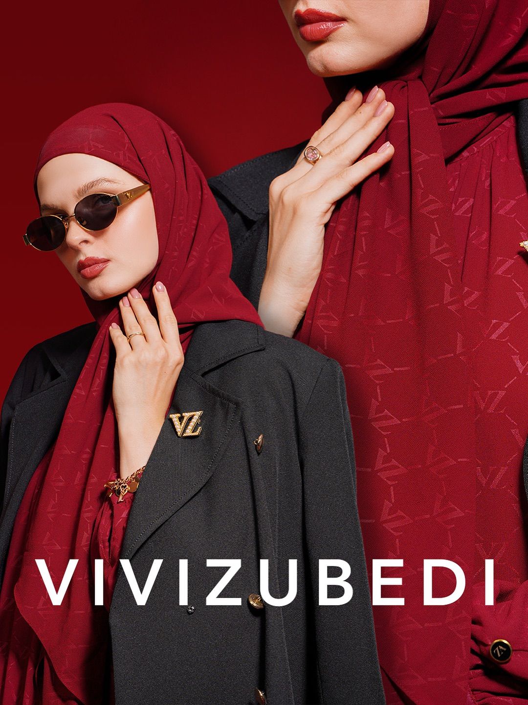 Instagram post: Two models in crimson monogram hijabs and black blazers
