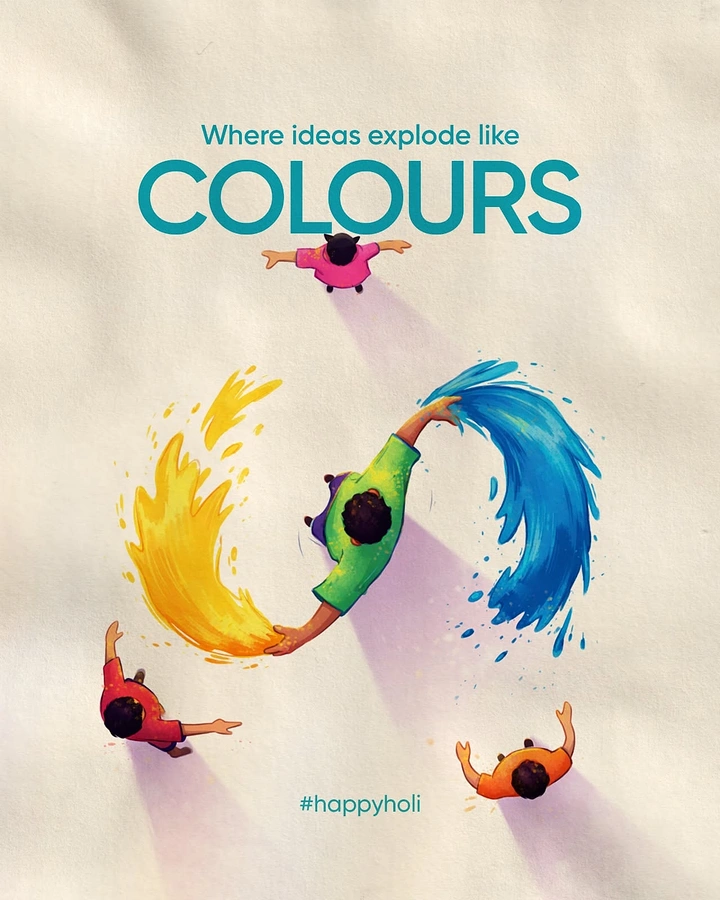 Holi creative ad: Top-down kids flinging yellow and blue colour arcs