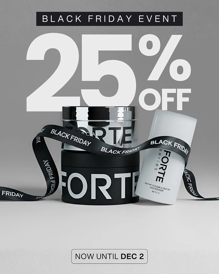 Black Friday creative ad: Men's hair-styling jars wrapped in black printed ribbon