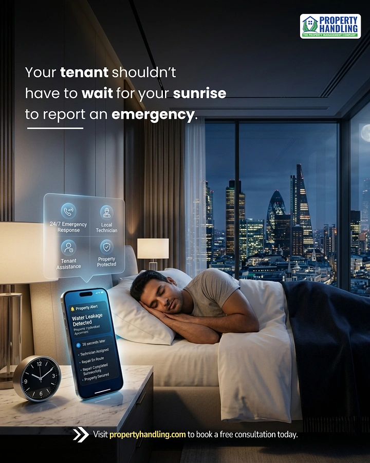 Property Management creative ad: Sleeping tenant meets emergency response