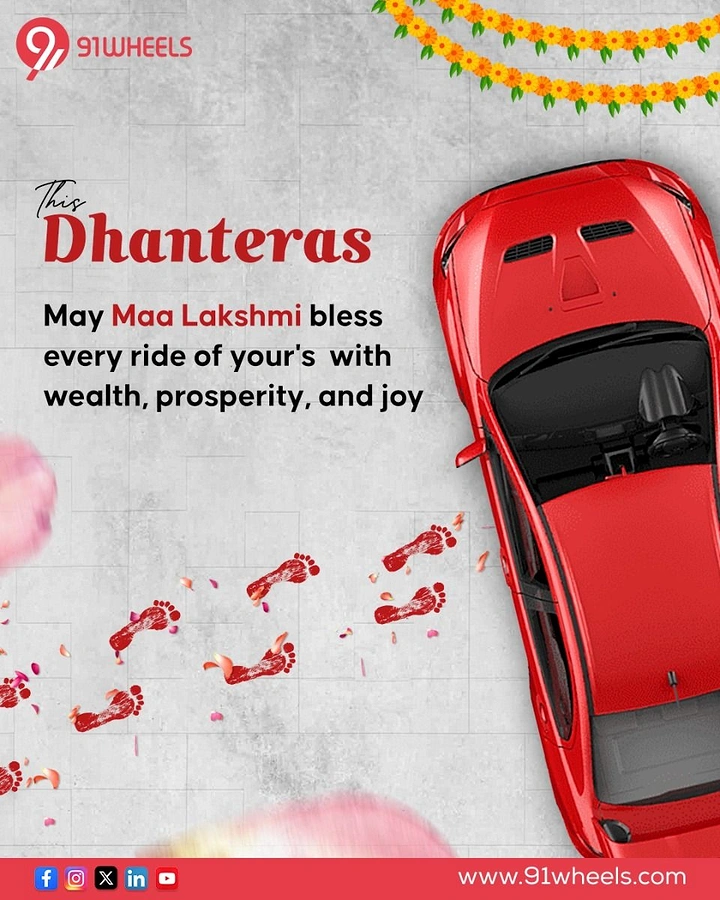 Dhanteras creative ad: Top-down red car with Lakshmi footprints