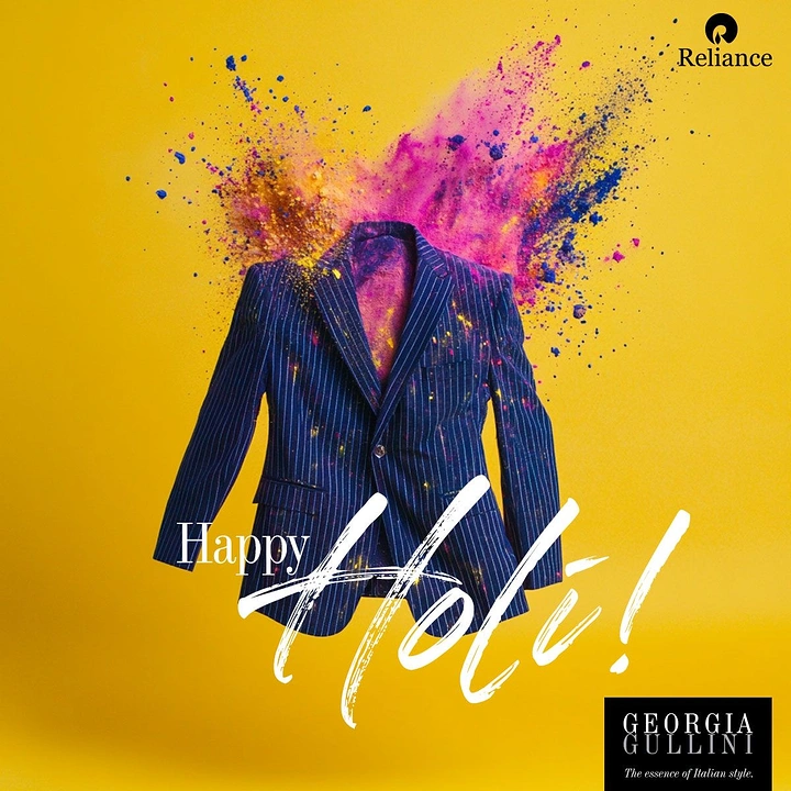 Holi creative ad: Headless floating pinstripe blazer bursting with Holi colour powder