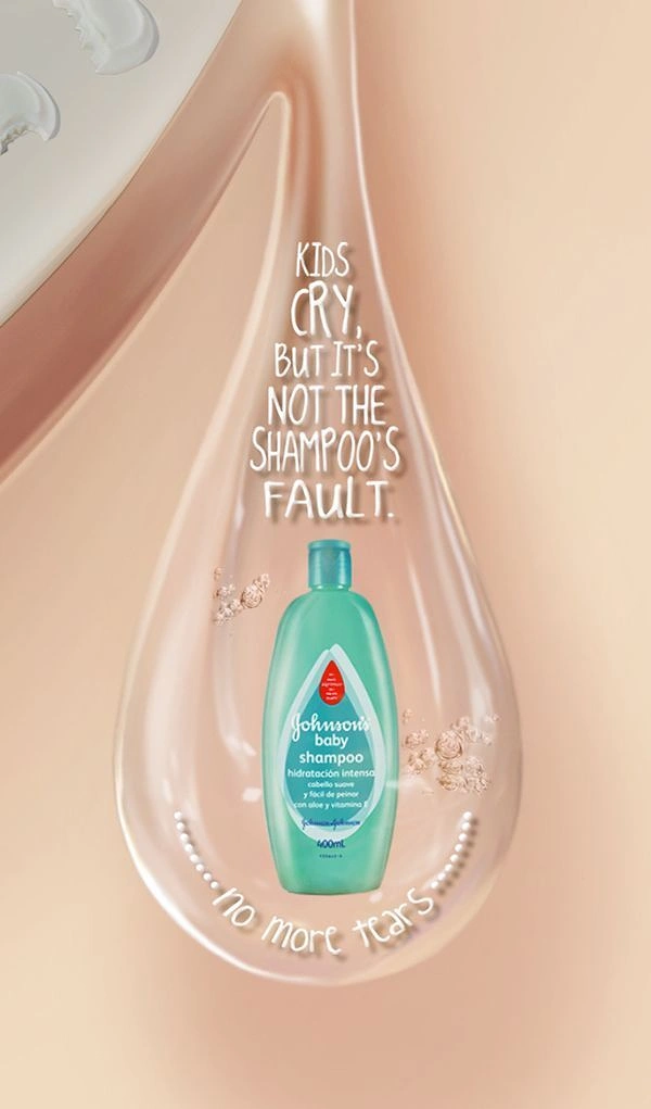 Baby Care Products creative ad: Shampoo bottle inside a giant translucent tear drop