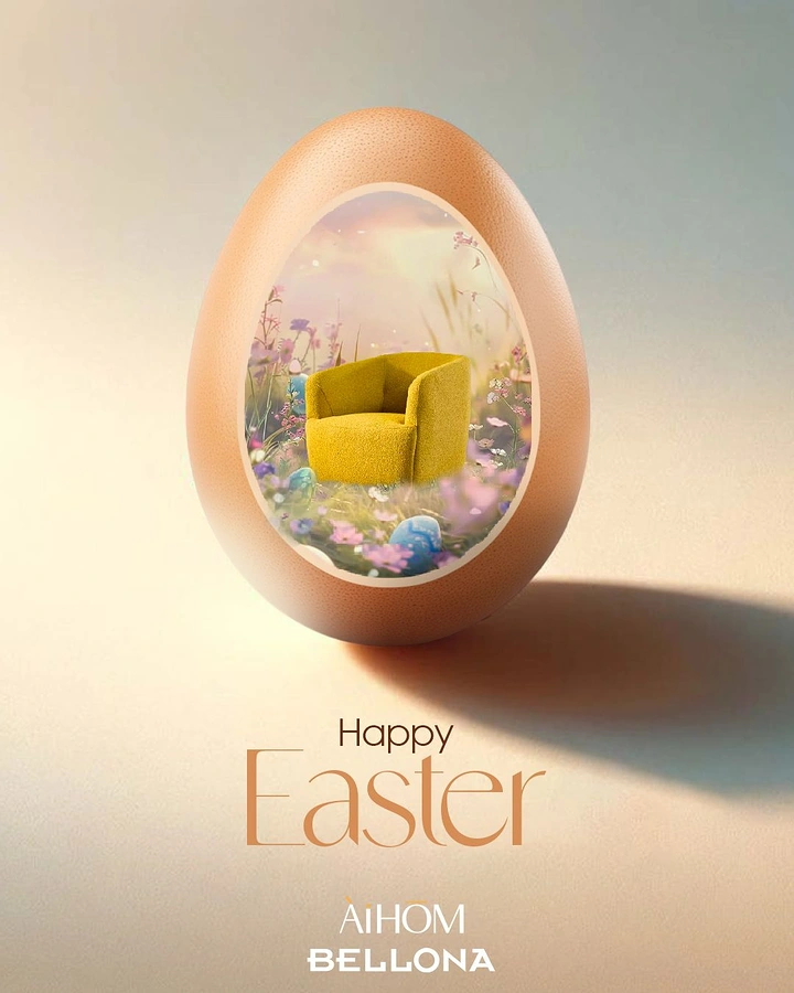 Easter creative ad: Brown egg with a window showing an armchair in a meadow