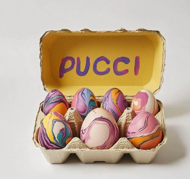 Easter creative ad: Open egg carton with six marbled pastel eggs