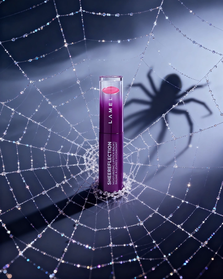 Halloween creative ad: Purple ombré lipstick-balm standing at the centre of a glittering spider web